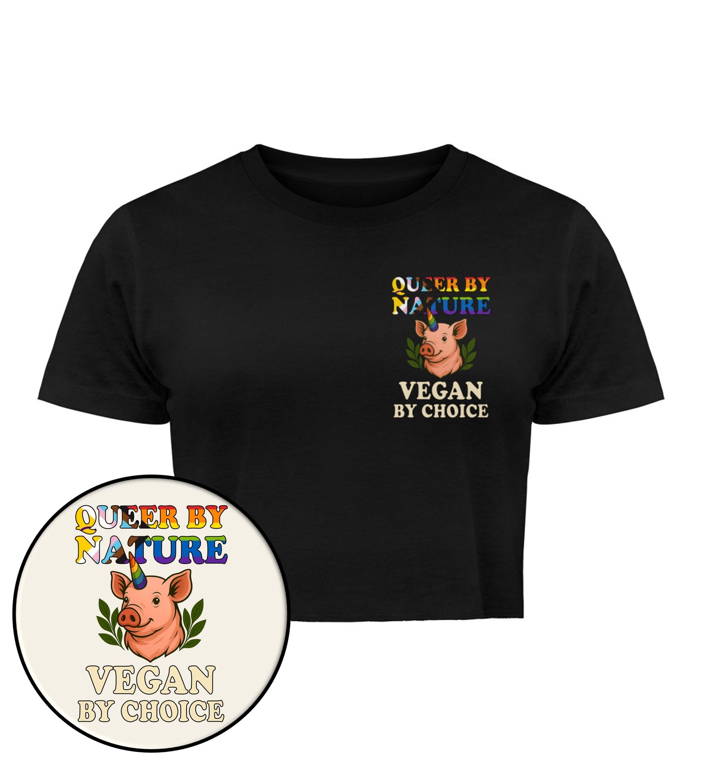Black Cropped T-Shirt Pig Queercorn – Queer by nature, Vegan by choice - Vegayn