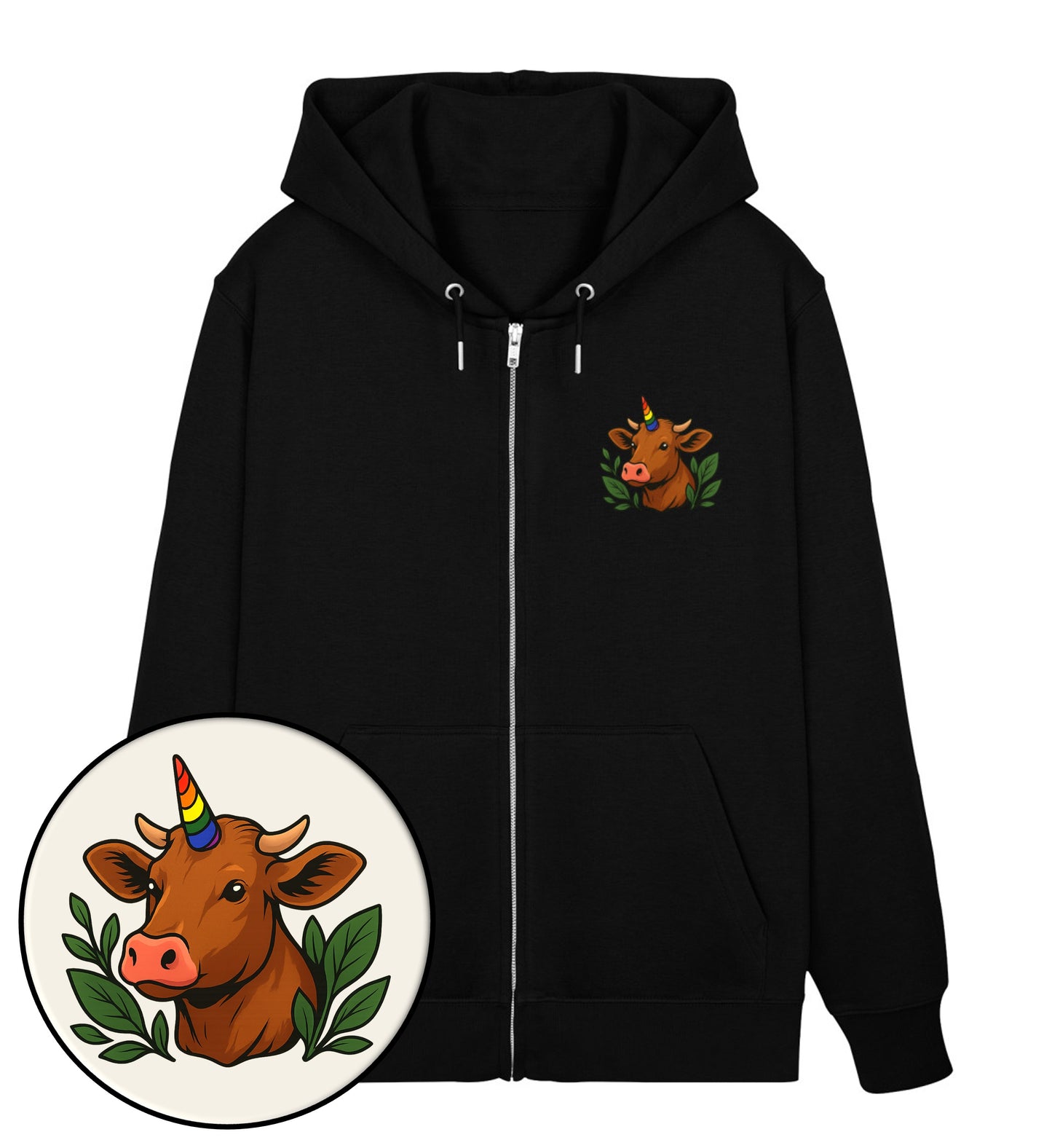 Black Zipper Hoodie – Cow Queercorn - Vegayn