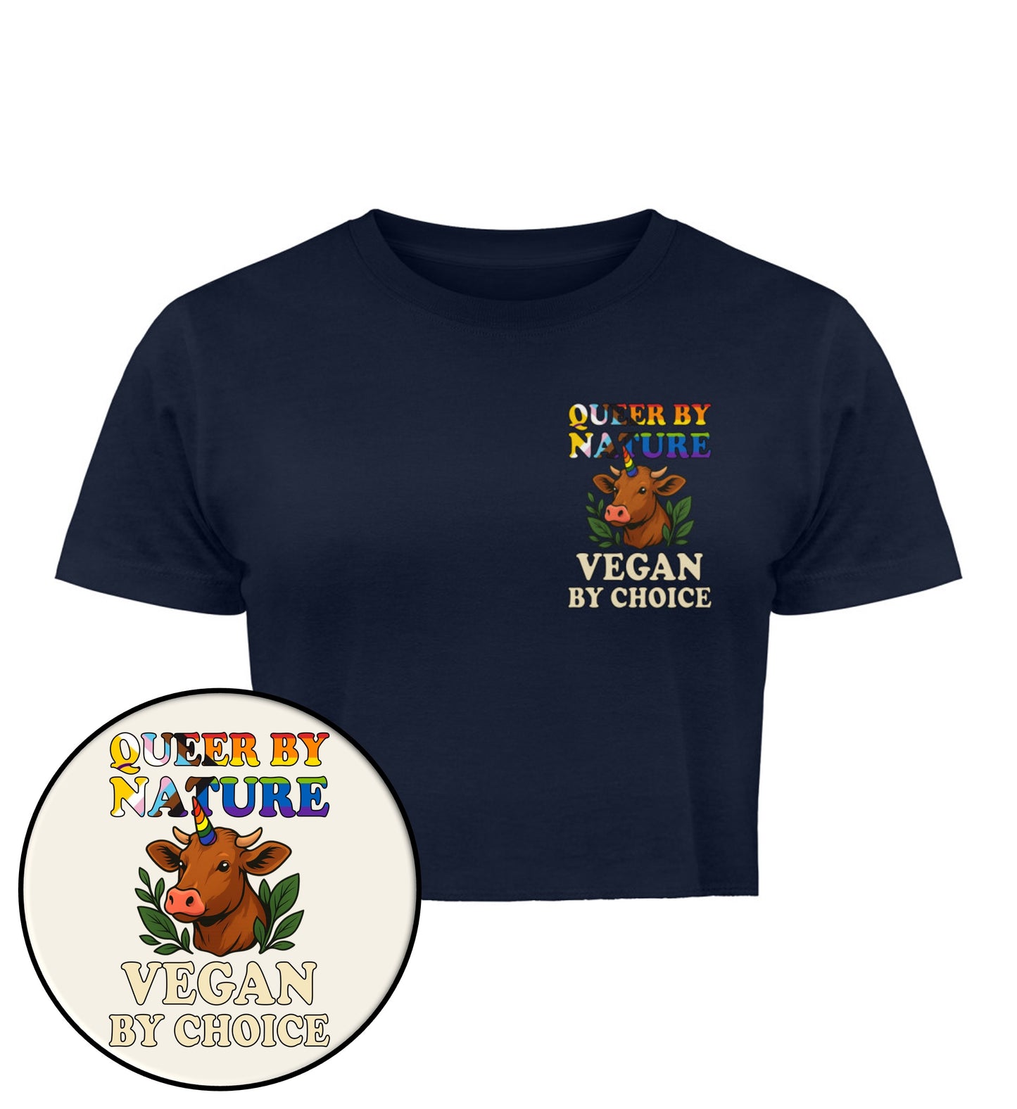 French Navy Cropped T-Shirt Cow Queercorn – Queer by nature, Vegan by choice - Vegayn