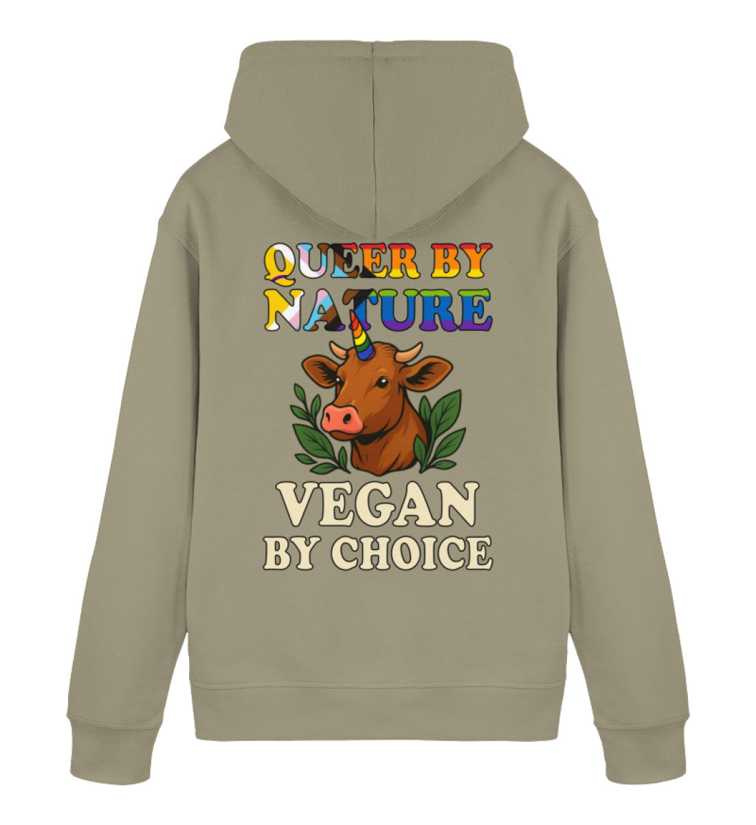 Khaki Hoodie Cow Queercorn – Queer by nature, Vegan by choice - Vegayn
