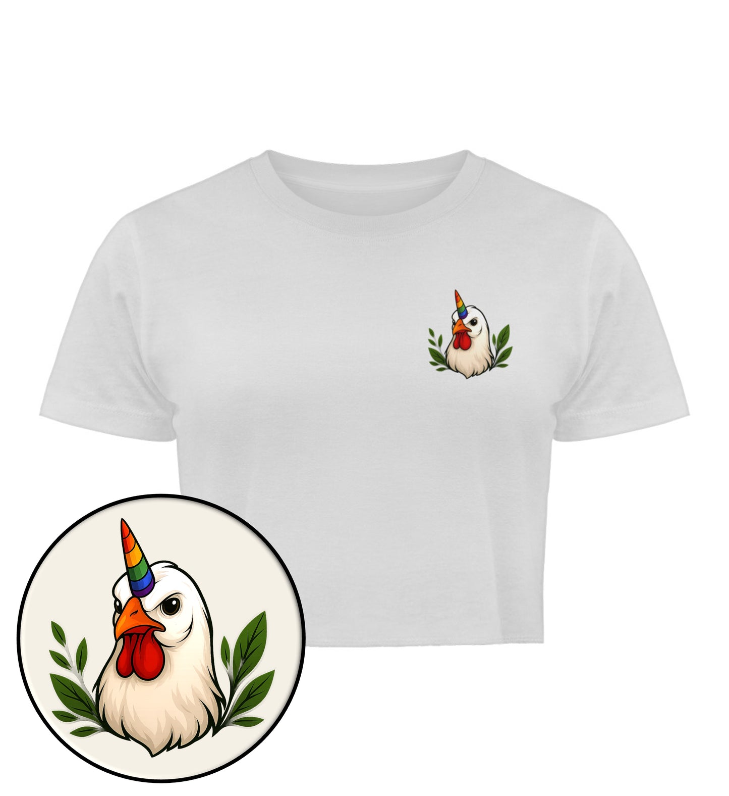 White Cropped T-Shirt – Chicken Queercorn - Vegayn