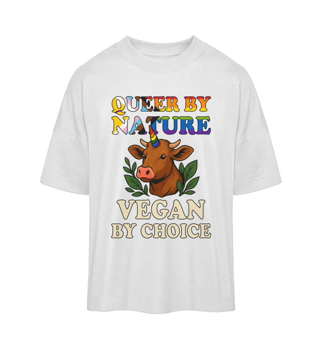 White Oversized T-Shirt Cow Unicorn – Queer by nature, Vegan by choice - Vegayn