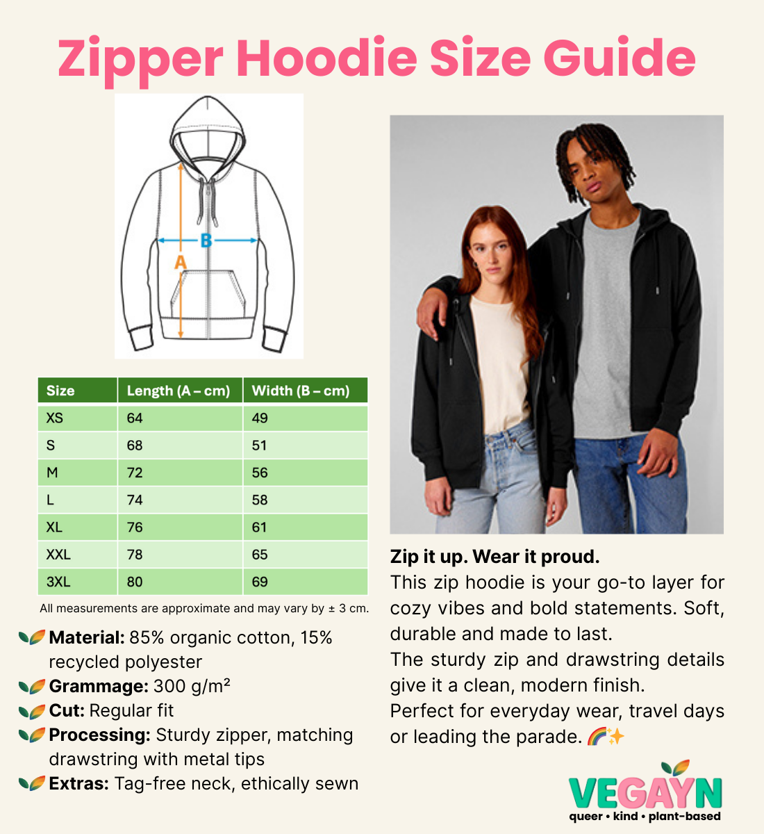 Zipper Hoodie Size Guide - Vegayn