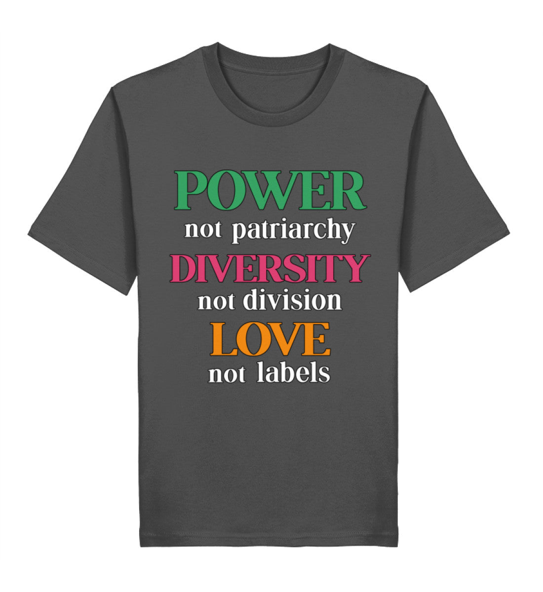 Anthracite Classic T-Shirt – Power, not patriarchy – Diversity, not division – Love, not labels - Vegayn