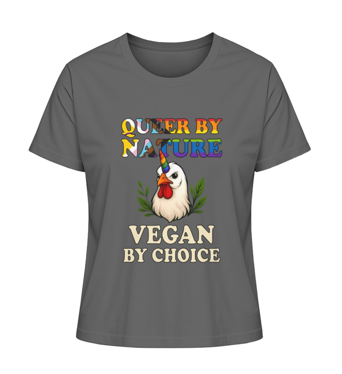 Anthracite Short-Fit T-Shirt Chicken Unicorn – Queer by nature, Vegan by choice - Vegayn