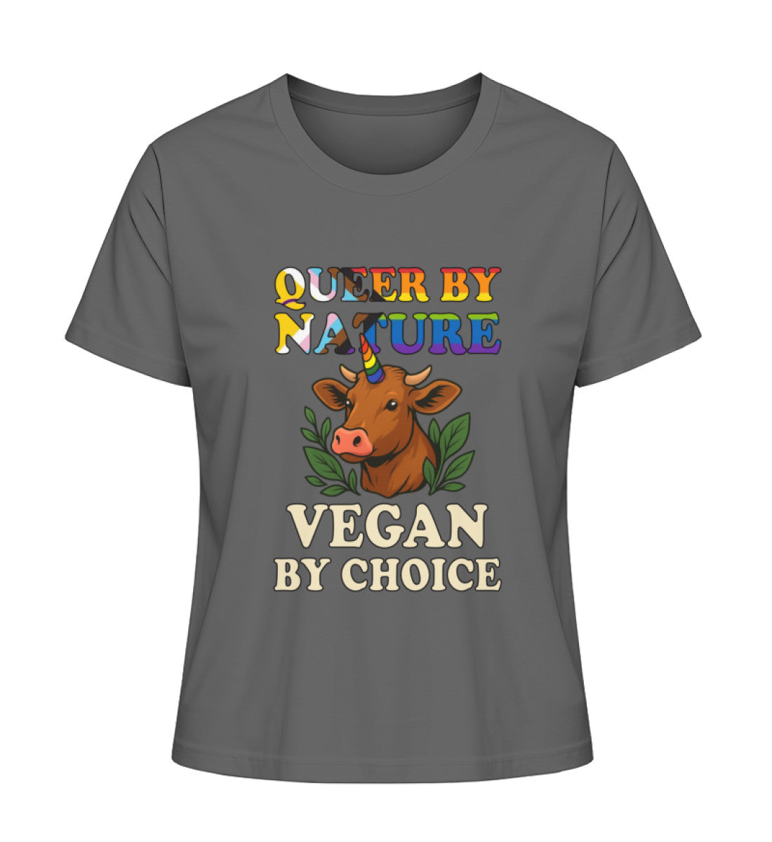 Anthracite Short-Fit T-Shirt Cow Unicorn – Queer by nature, Vegan by choice - Vegayn