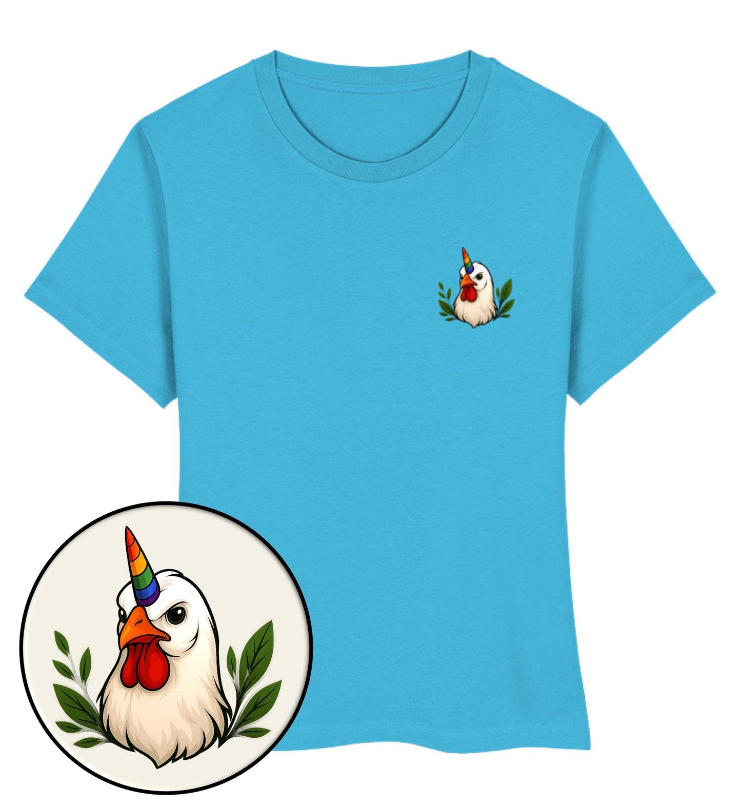 Aqua Blue Short-Fit T-Shirt – Chicken Queercorn - Vegayn
