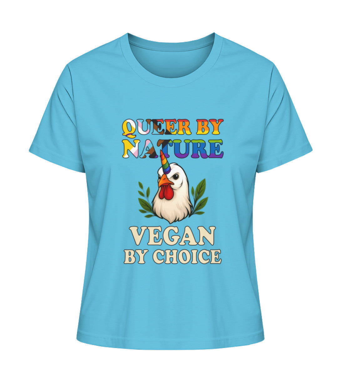 Aqua Blue Short-Fit T-Shirt Chicken Unicorn – Queer by nature, Vegan by choice - Vegayn