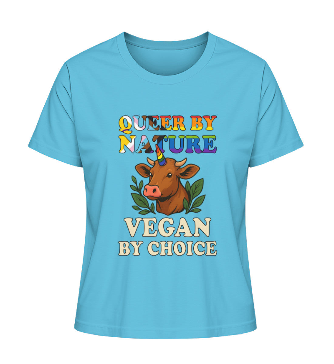 Aqua Blue Short-Fit T-Shirt Cow Unicorn – Queer by nature, Vegan by choice - Vegayn