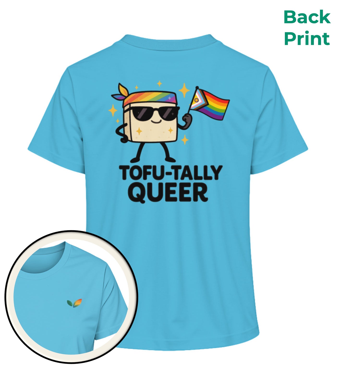 Aqua Blue Short-Fit T-Shirt – Tofu-tally queer with bandana - Vegayn
