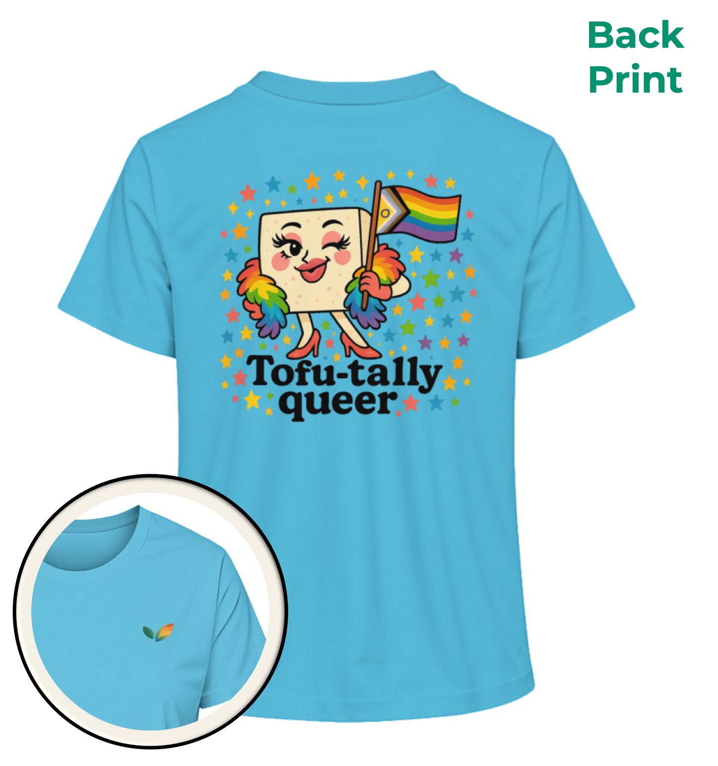 Aqua Blue Short-Fit T-Shirt – Tofu-tally queer with boa - Vegayn