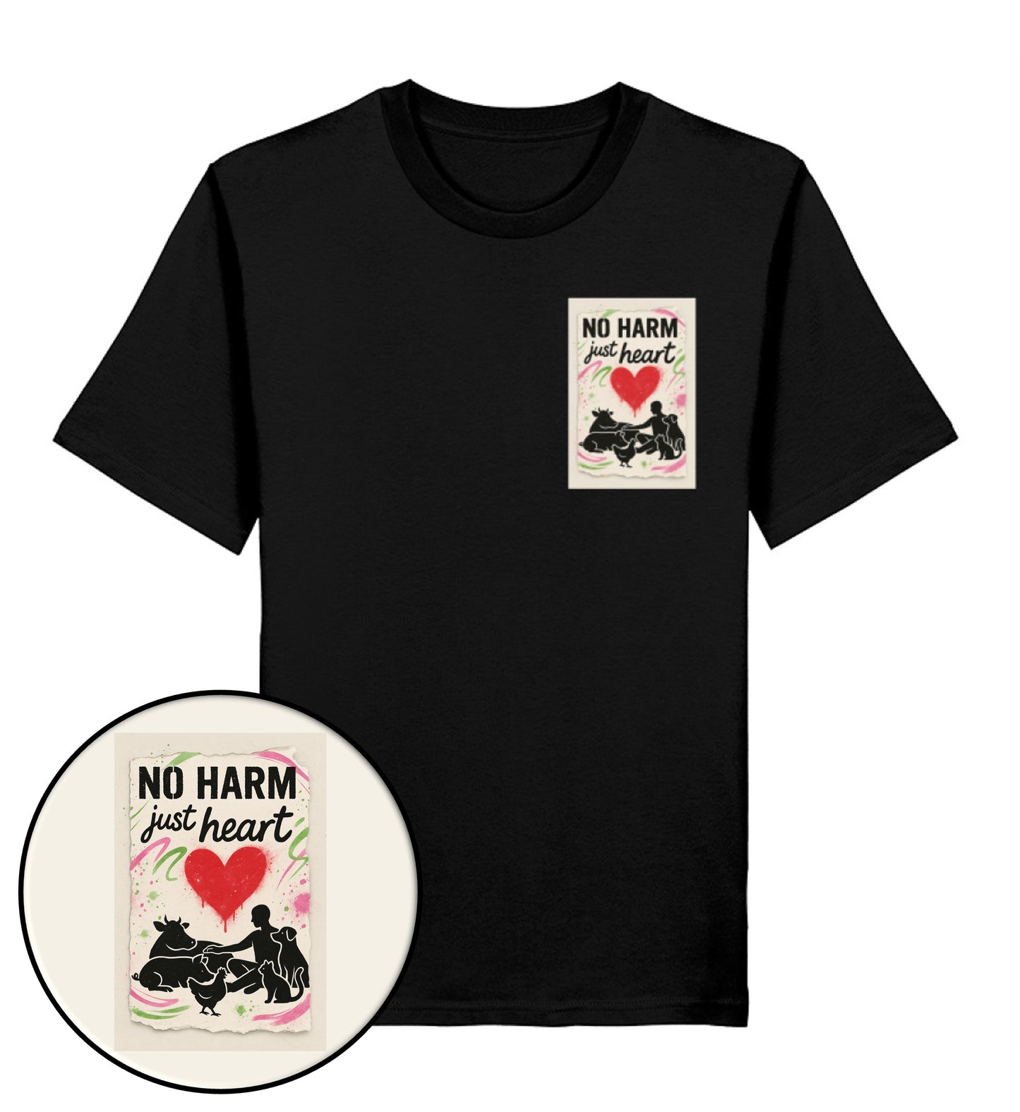 Black Classic T-Shirt – No harm, just heart - Vegayn