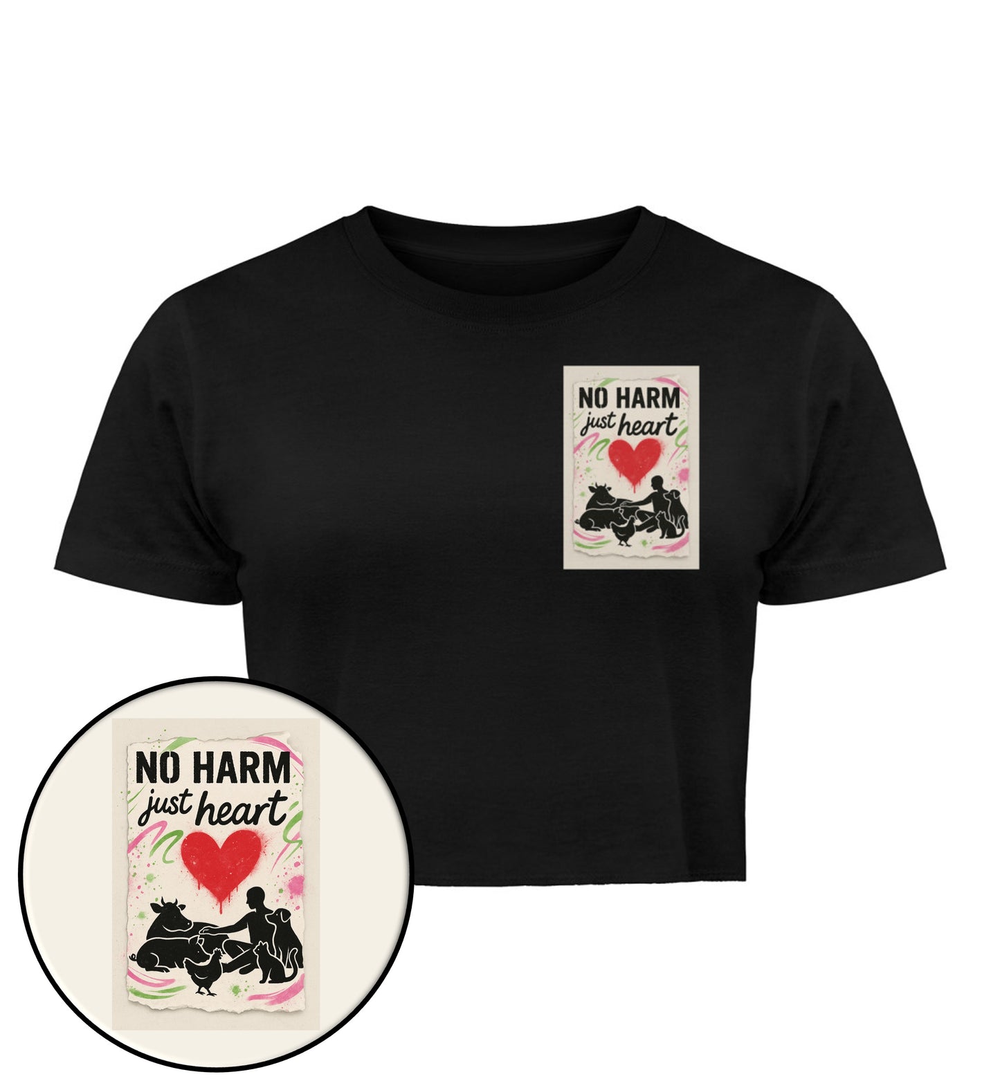 Black Cropped T-Shirt – No harm, just heart - Vegayn