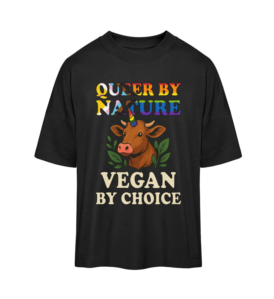 Black Oversized T-Shirt Cow Unicorn – Queer by nature, Vegan by choice - Vegayn