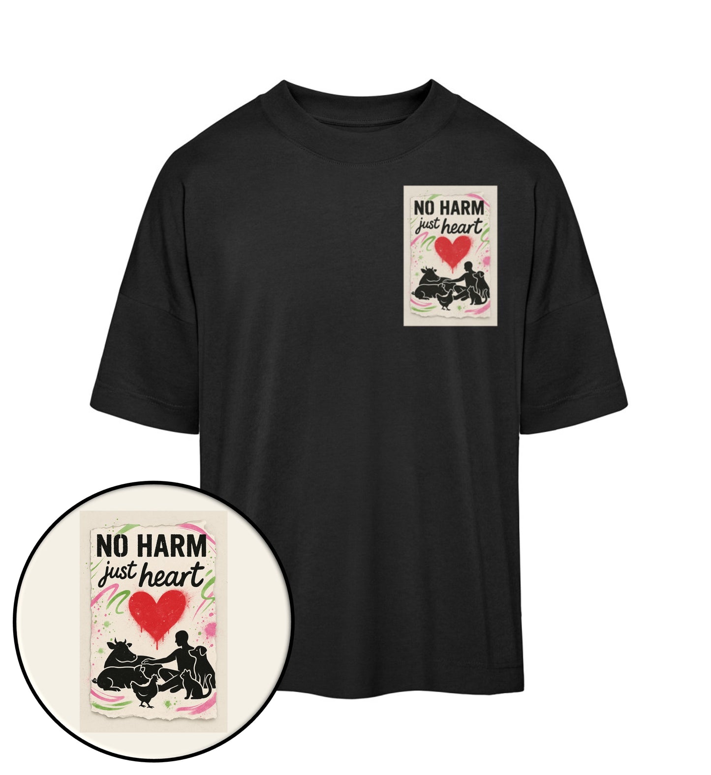 Black Oversized T-Shirt – No harm, just heart - Vegayn