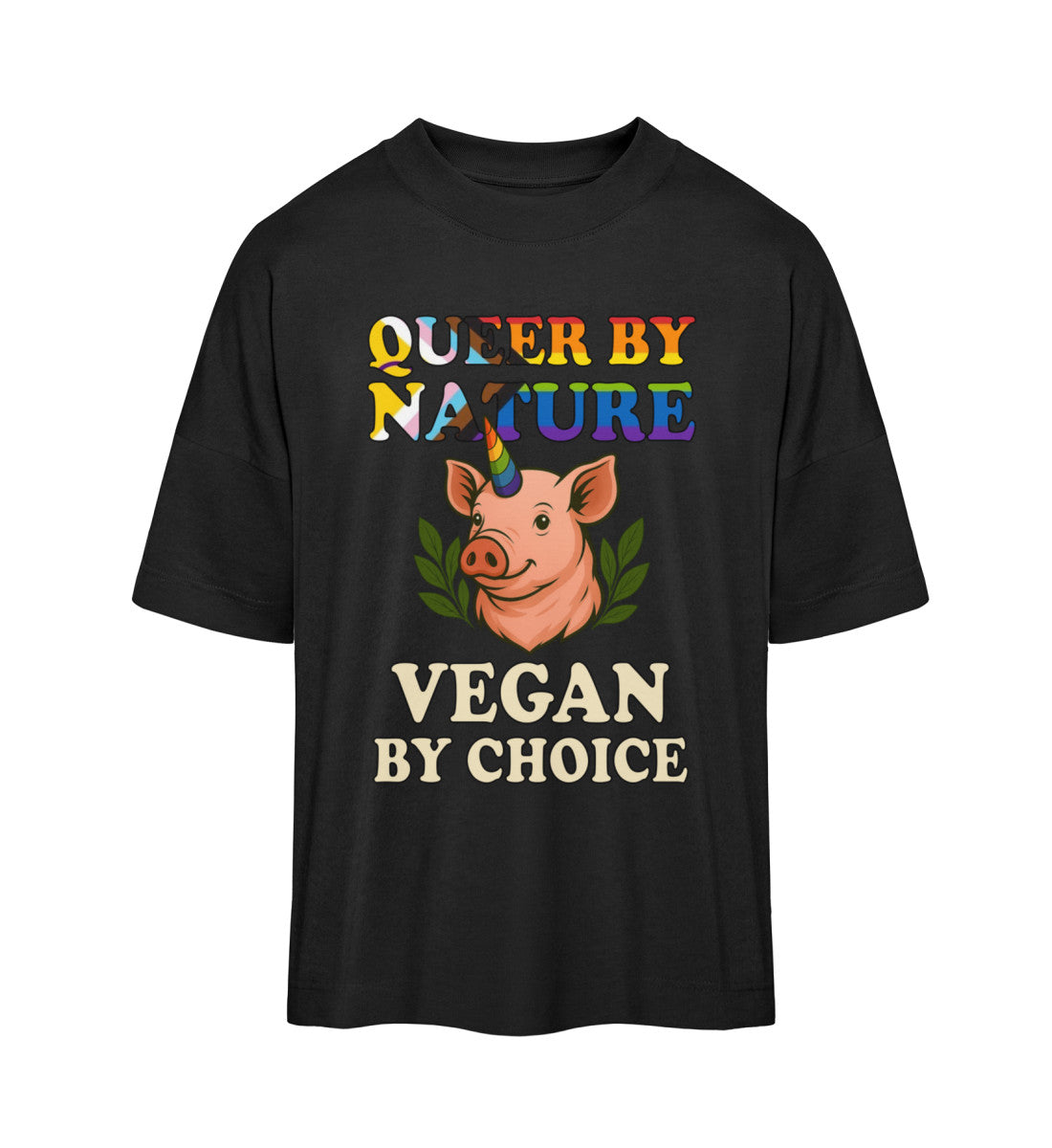 Black Oversized T-Shirt Pig Unicorn – Queer by nature, Vegan by choice - Vegayn
