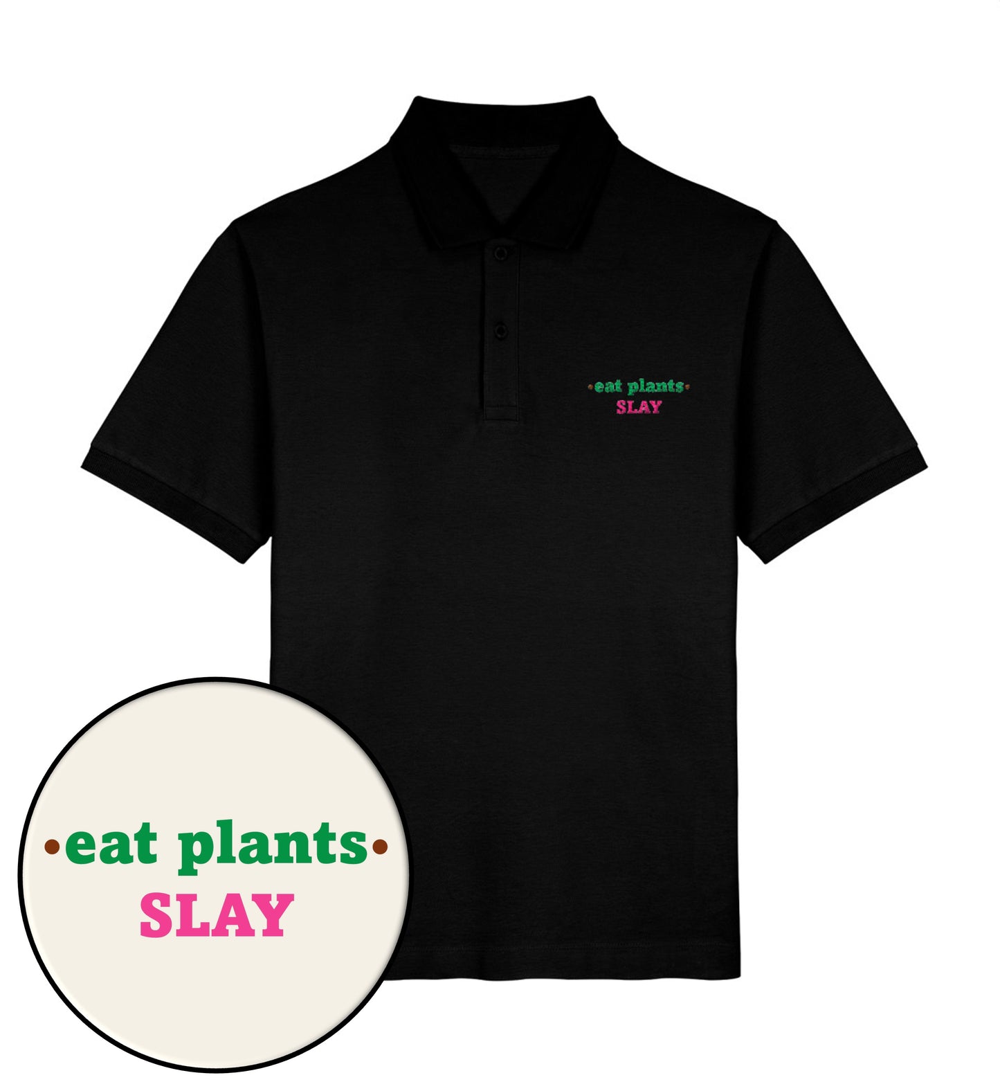 Black Polo Shirt Embroidery – Eat plants. Slay - Vegayn