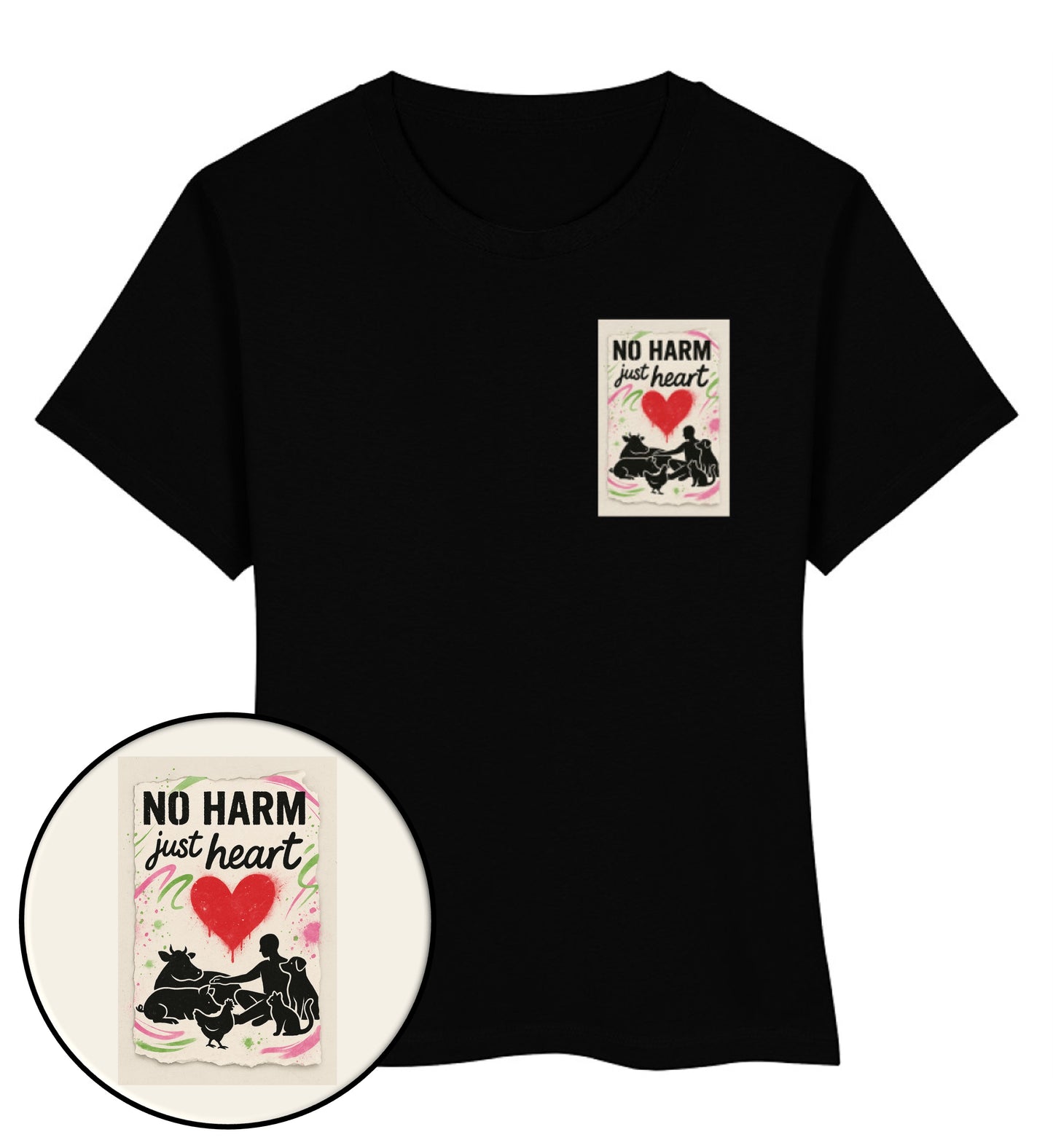 Black Short-Fit T-Shirt – No harm, just heart - Vegayn