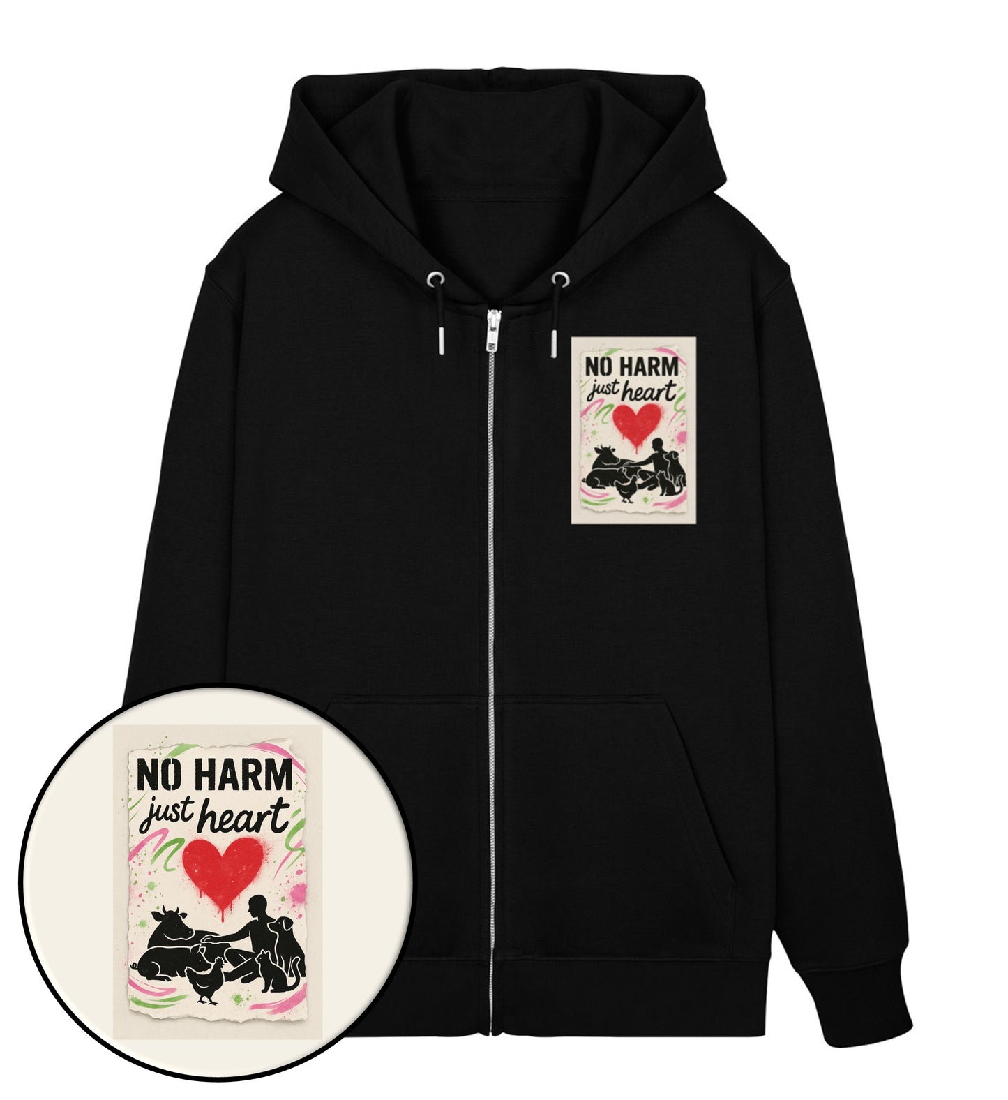 Black Zipper Hoodie – No harm, just heart - Vegayn