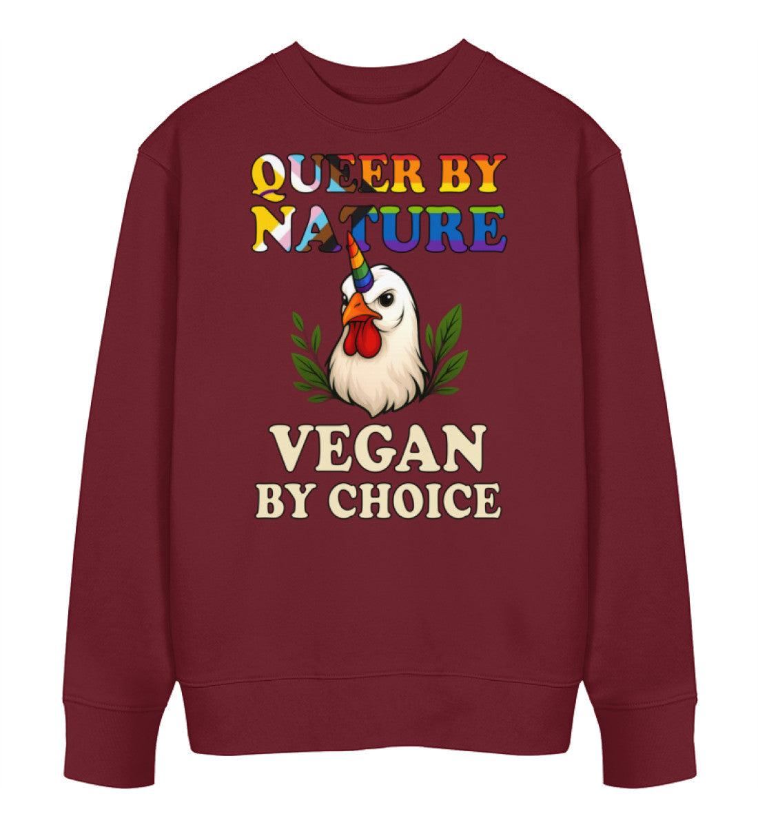 Burgundy Sweatshirt Chicken Queercorn – Queer by nature, Vegan by choice - Vegayn