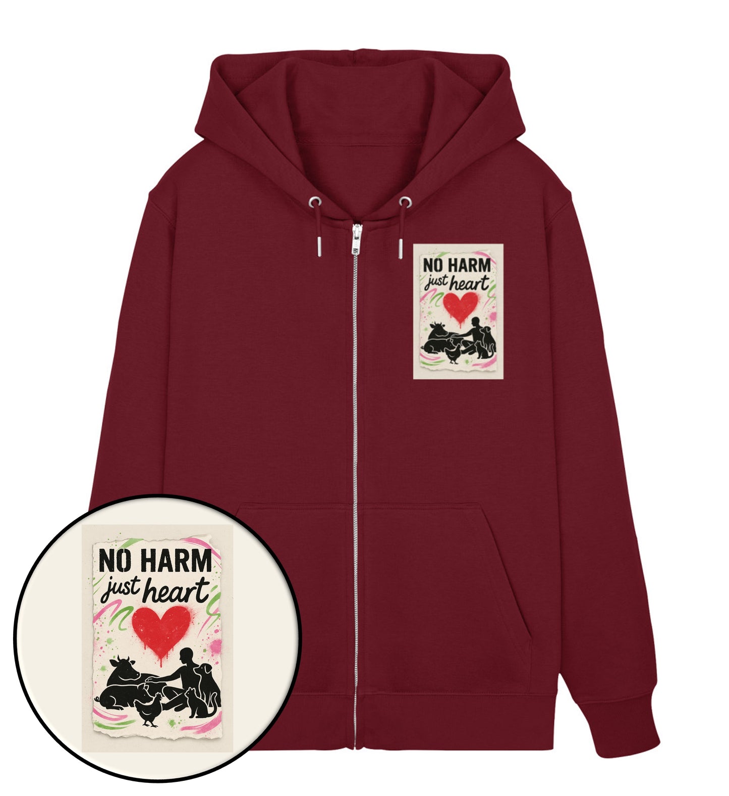Burgundy Zipper Hoodie – No harm, just heart - Vegayn