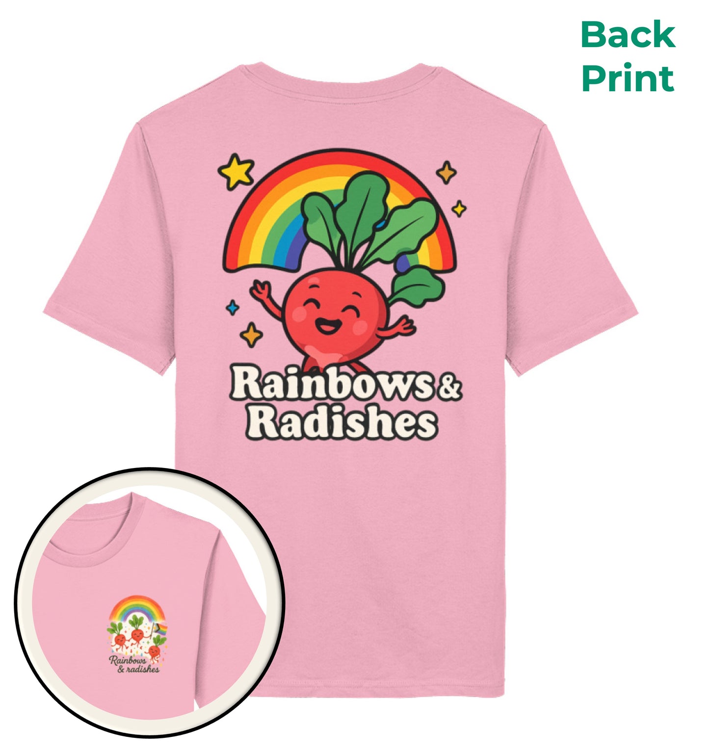 Cotton Pink Classic_T-Shirt Rainbows Radishes - Vegayn
