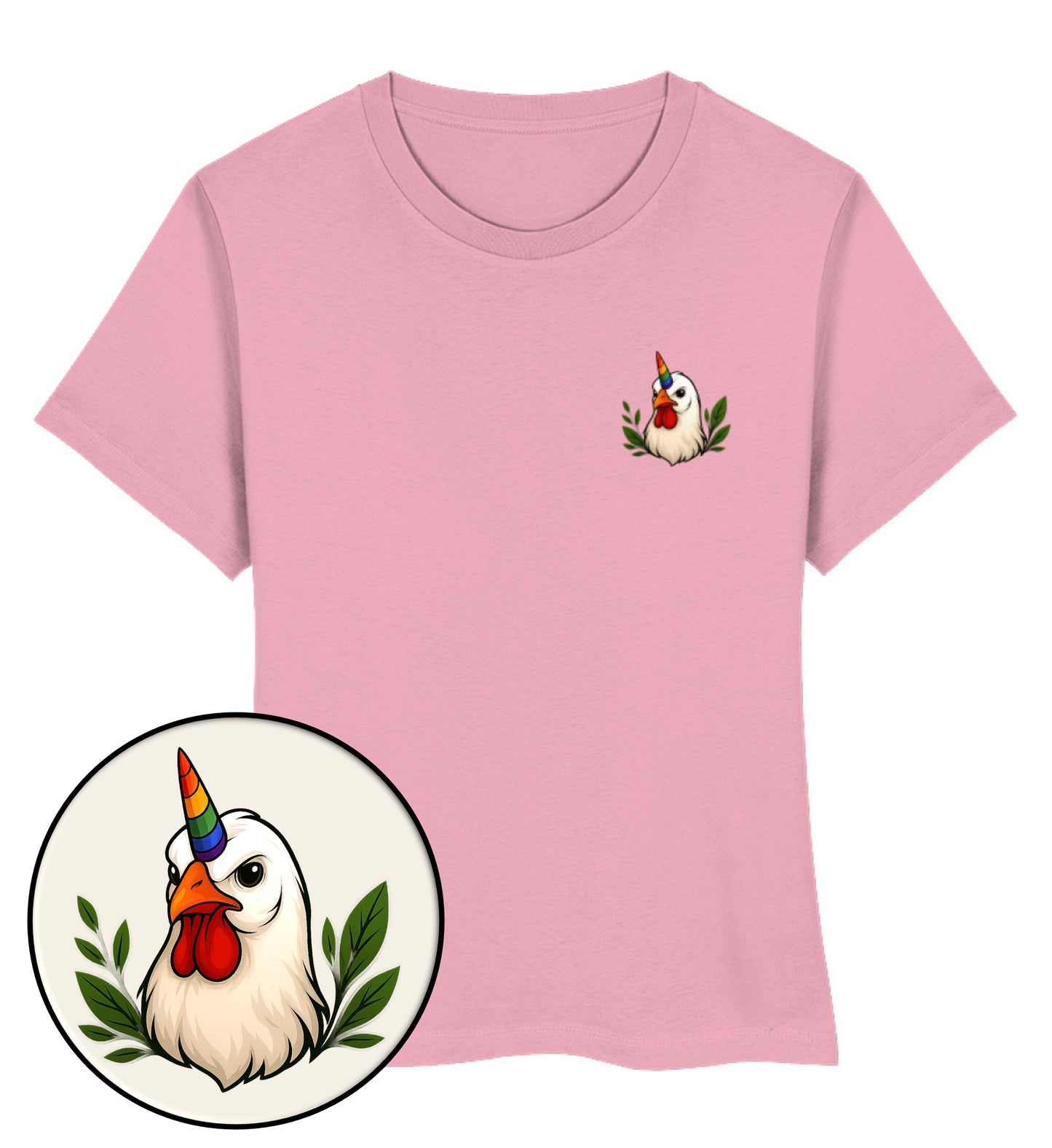 Cotton Pink Short-Fit T-Shirt – Chicken Queercorn - Vegayn
