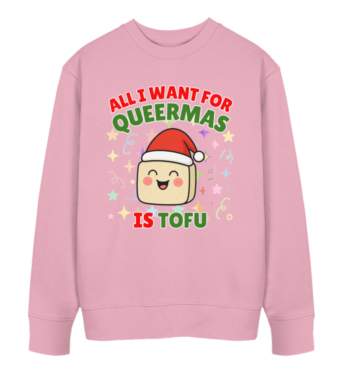 Cotton Pink Sweatshirt Christmas – All I want for Queermas is tofu - Vegayn