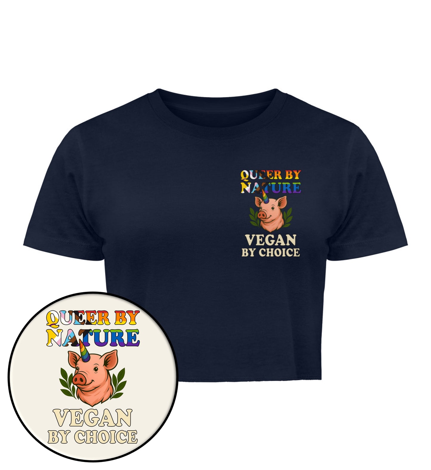 French Navy Cropped T-Shirt Pig Queercorn – Queer by nature, Vegan by choice - Vegayn