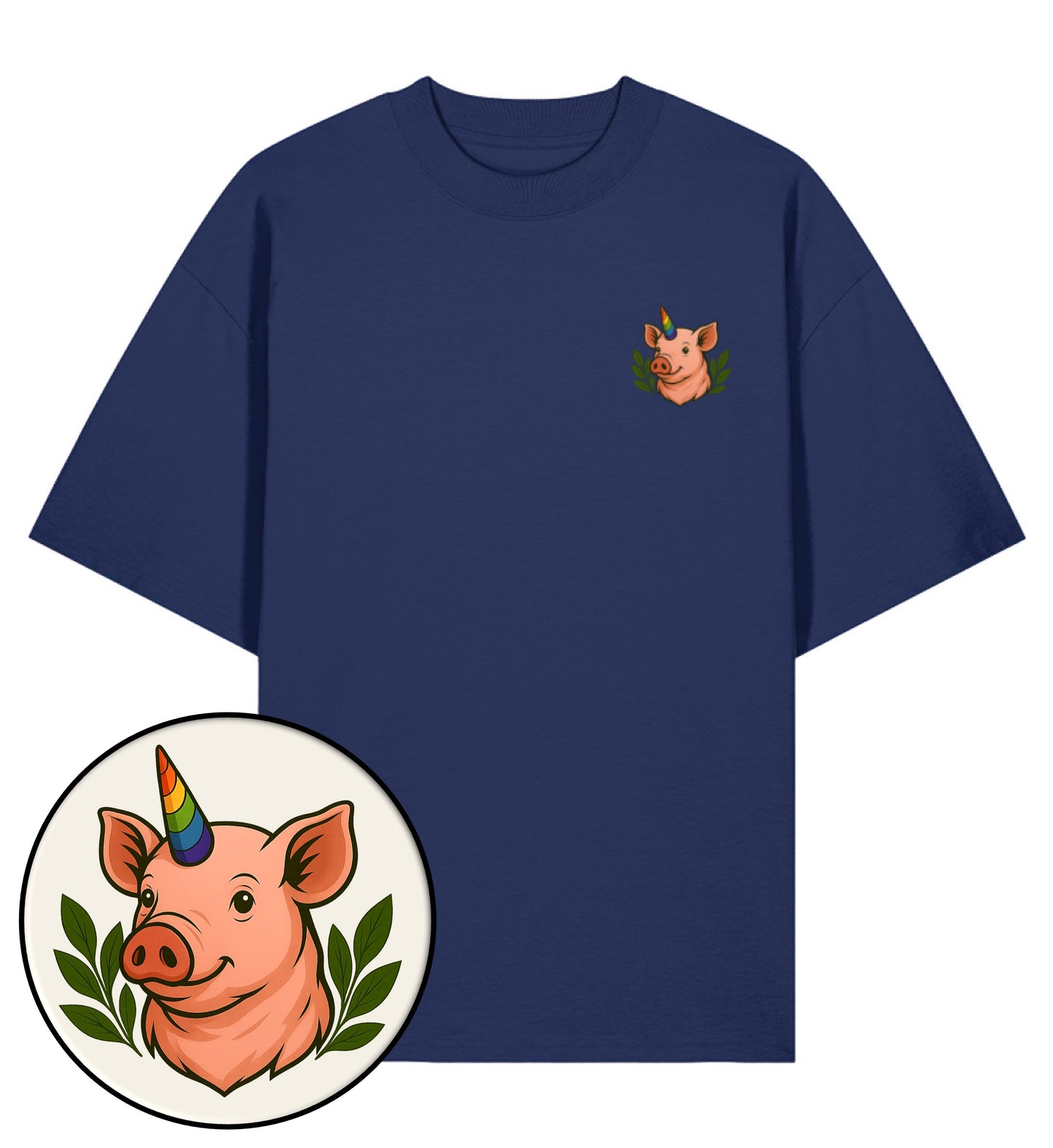 French Navy Oversized T-Shirt – Pig Queercorn - Vegayn