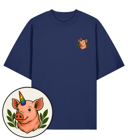 French Navy Oversized T-Shirt – Pig Queercorn - Vegayn