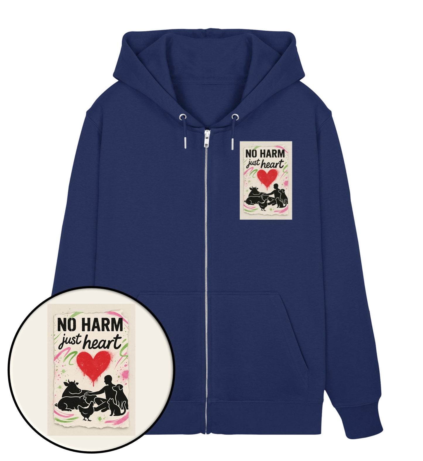 French Navy Zipper Hoodie – No harm, just heart - Vegayn