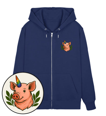French Navy Zipper Hoodie – Pig Queercorn - Vegayn