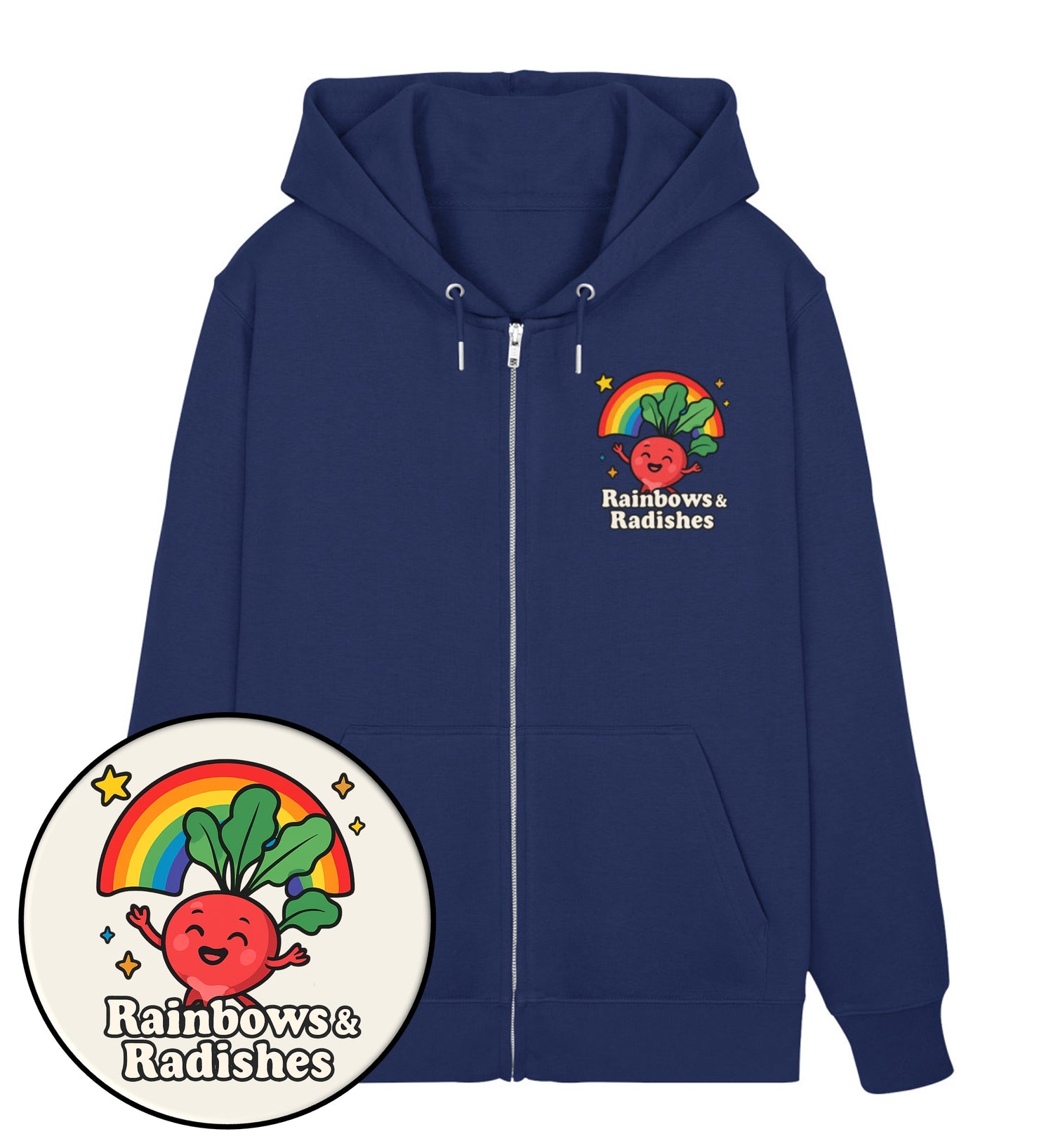 French Navy Zipper Hoodie – Rainbows & Radishes - Vegayn