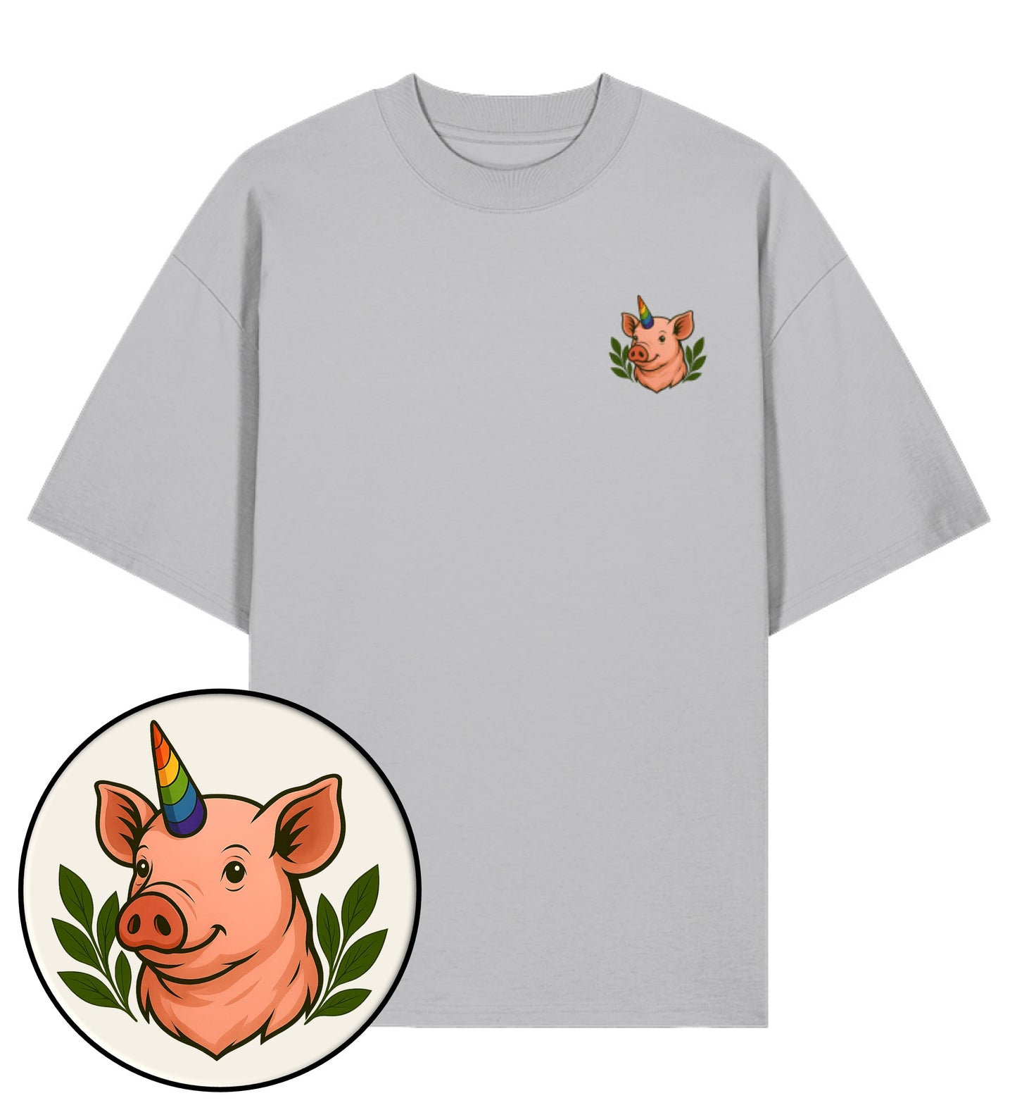 Heather Grey Oversized T-Shirt – Pig Queercorn - Vegayn