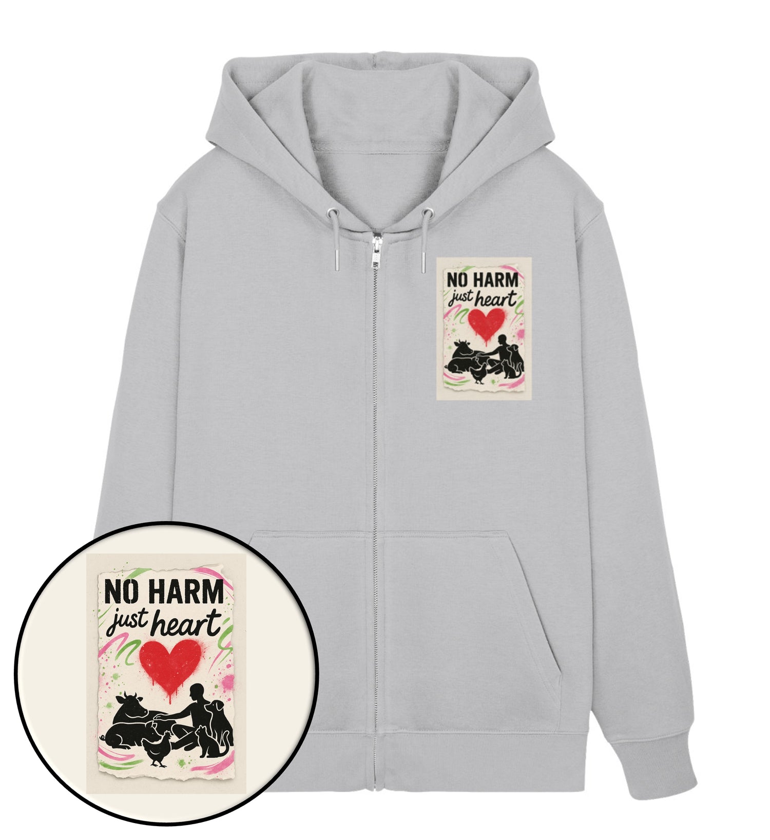 Heather Grey Zipper Hoodie – No harm, just heart - Vegayn