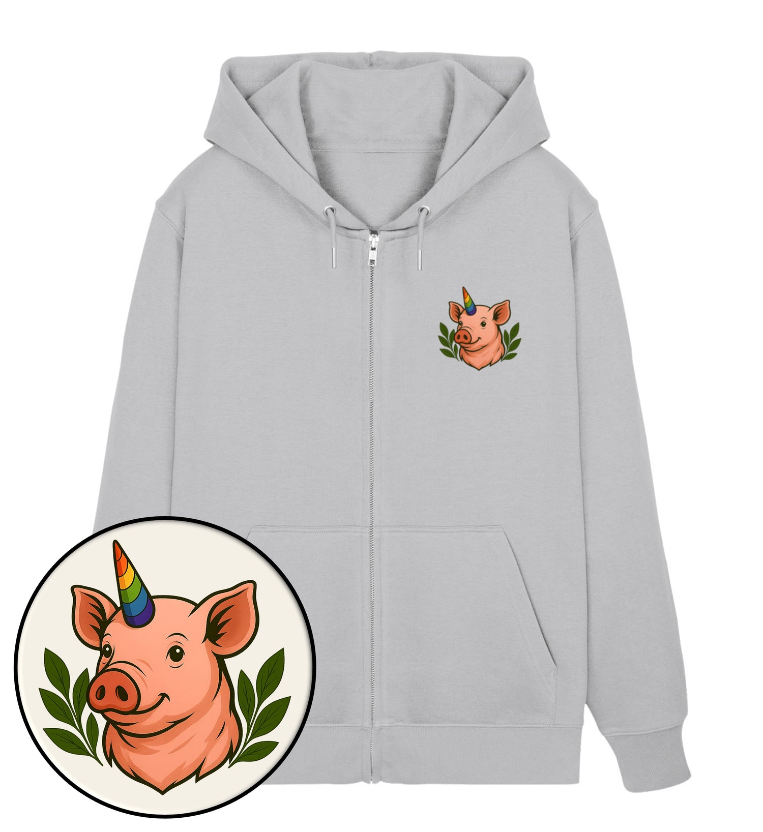 Heather Grey Zipper Hoodie – Pig Queercorn - Vegayn