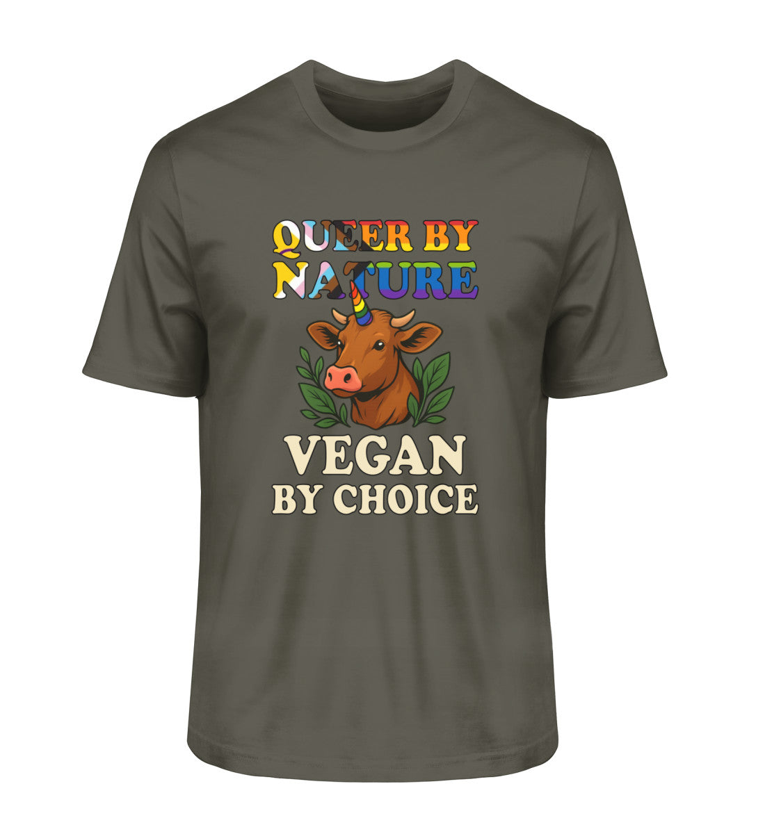 Khaki Classic T-Shirt Cow Unicorn – Queer by nature, Vegan by choice - Vegayn