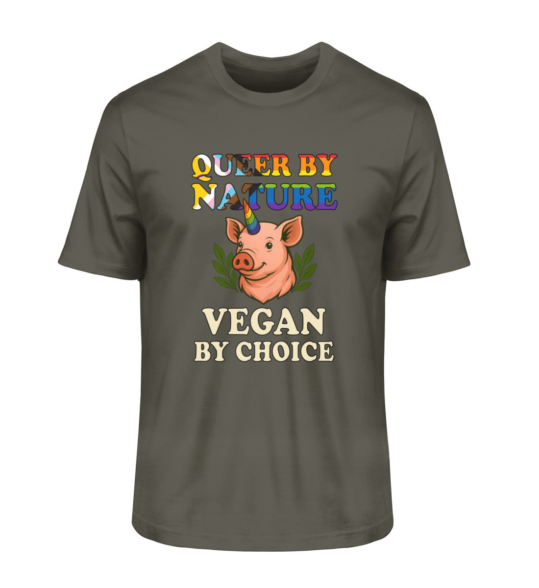 Khaki Classic T-Shirt Pig Unicorn – Queer by nature, Vegan by choice - Vegayn