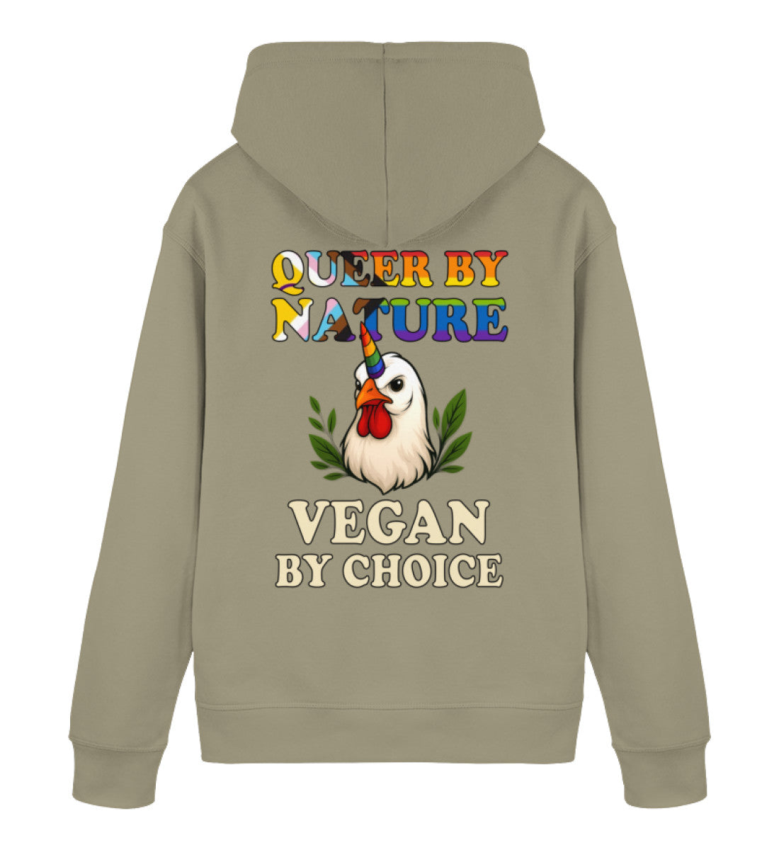 Khaki Hoodie Chicken Queercorn – Queer by nature, Vegan by choice - Vegayn