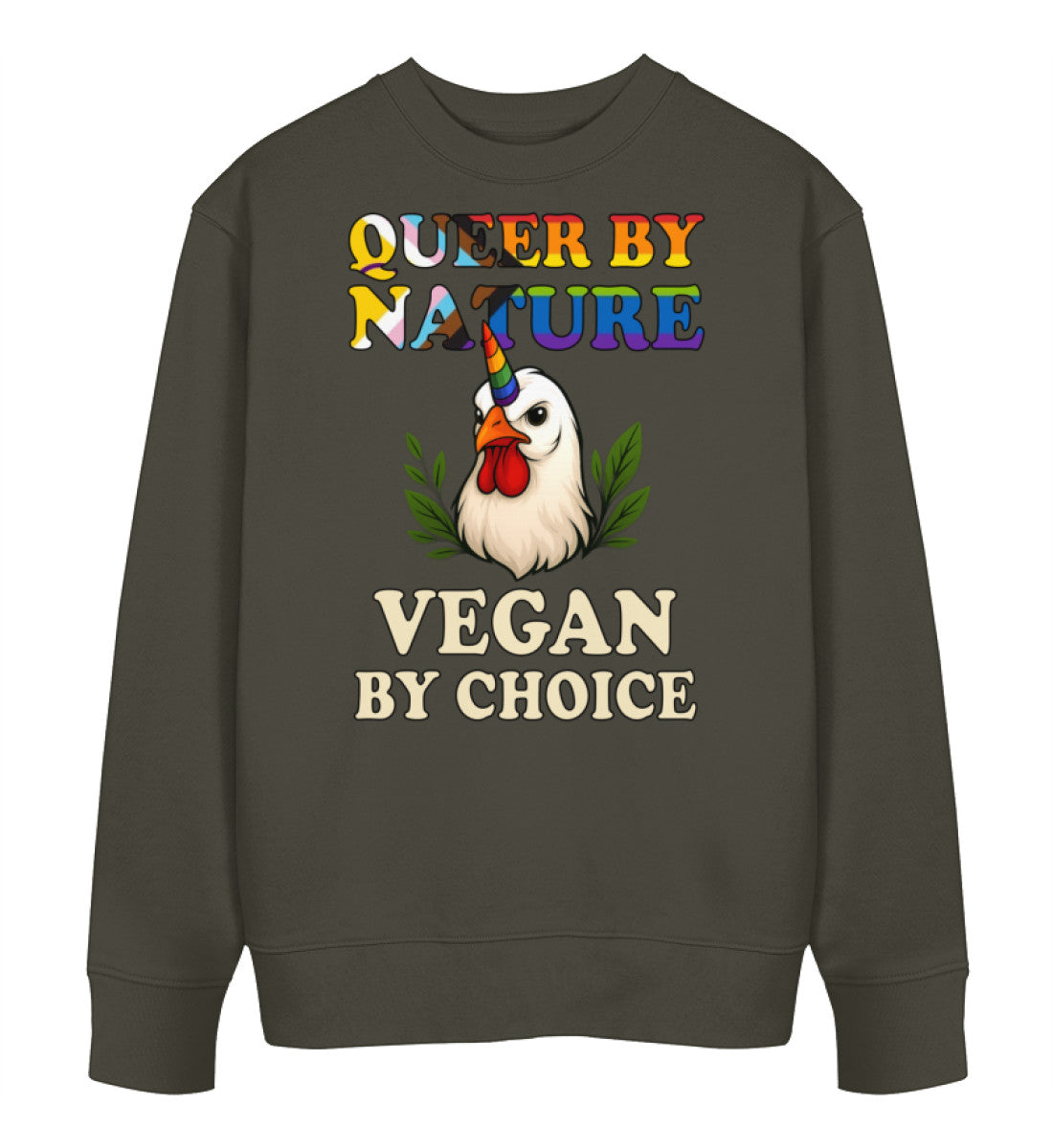 Khaki Sweatshirt Chicken Queercorn – Queer by nature, Vegan by choice - Vegayn