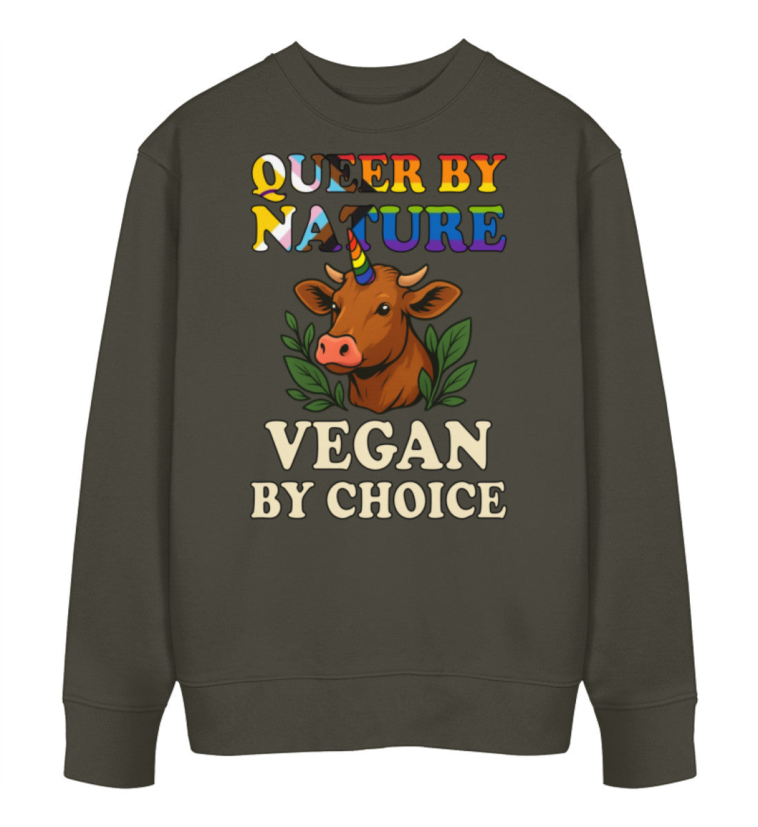 Khaki Sweatshirt Cow Queercorn – Queer by nature, Vegan by choice - Vegayn