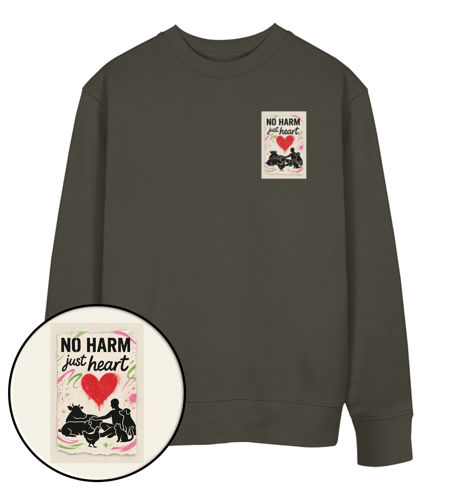 Khaki Sweatshirt – No harm, just heart - Vegayn