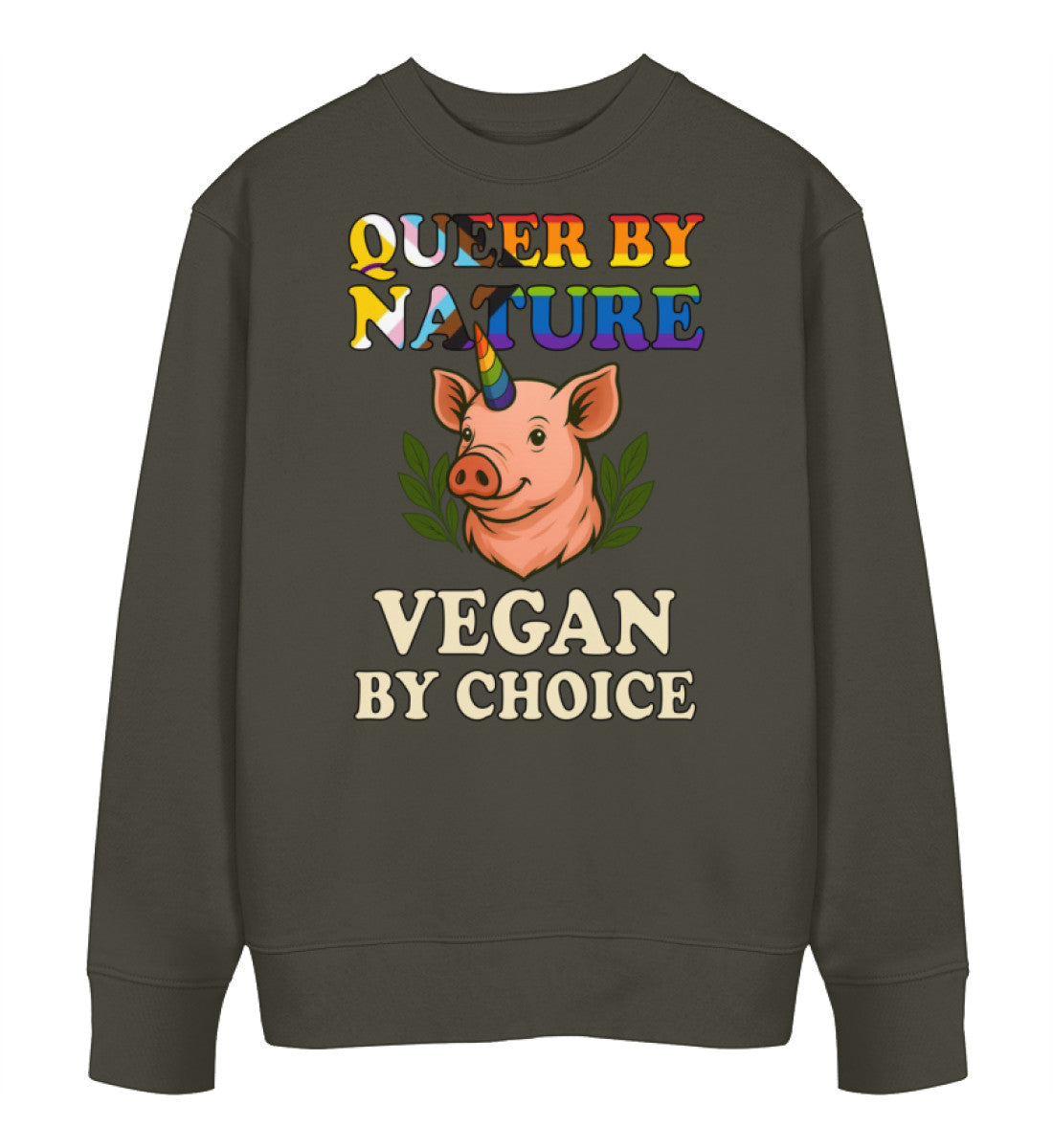 Khaki Sweatshirt Pig Queercorn – Queer by nature, Vegan by choice - Vegayn