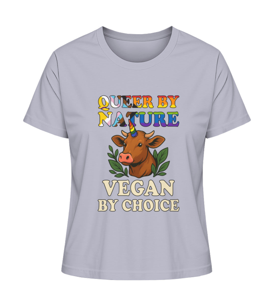 Lavender Short-Fit T-Shirt Cow Unicorn – Queer by nature, Vegan by choice - Vegayn