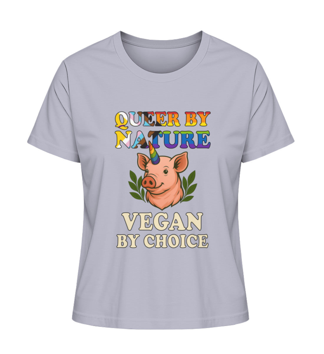 Lavender Short-Fit T-Shirt Pig Unicorn – Queer by nature, Vegan by choice - Vegayn