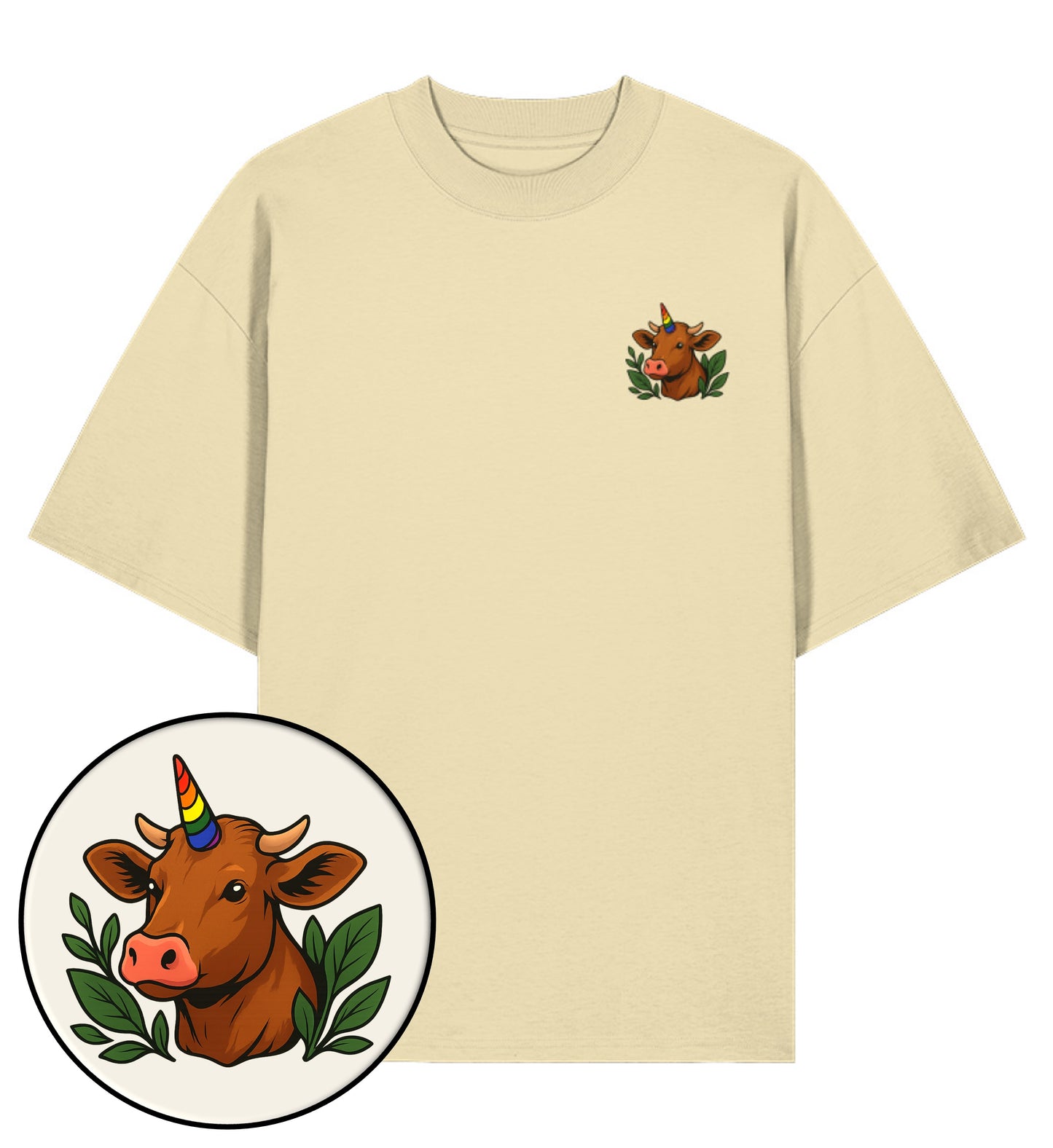 Natural Raw Oversized T-Shirt – Cow Queercorn - Vegayn
