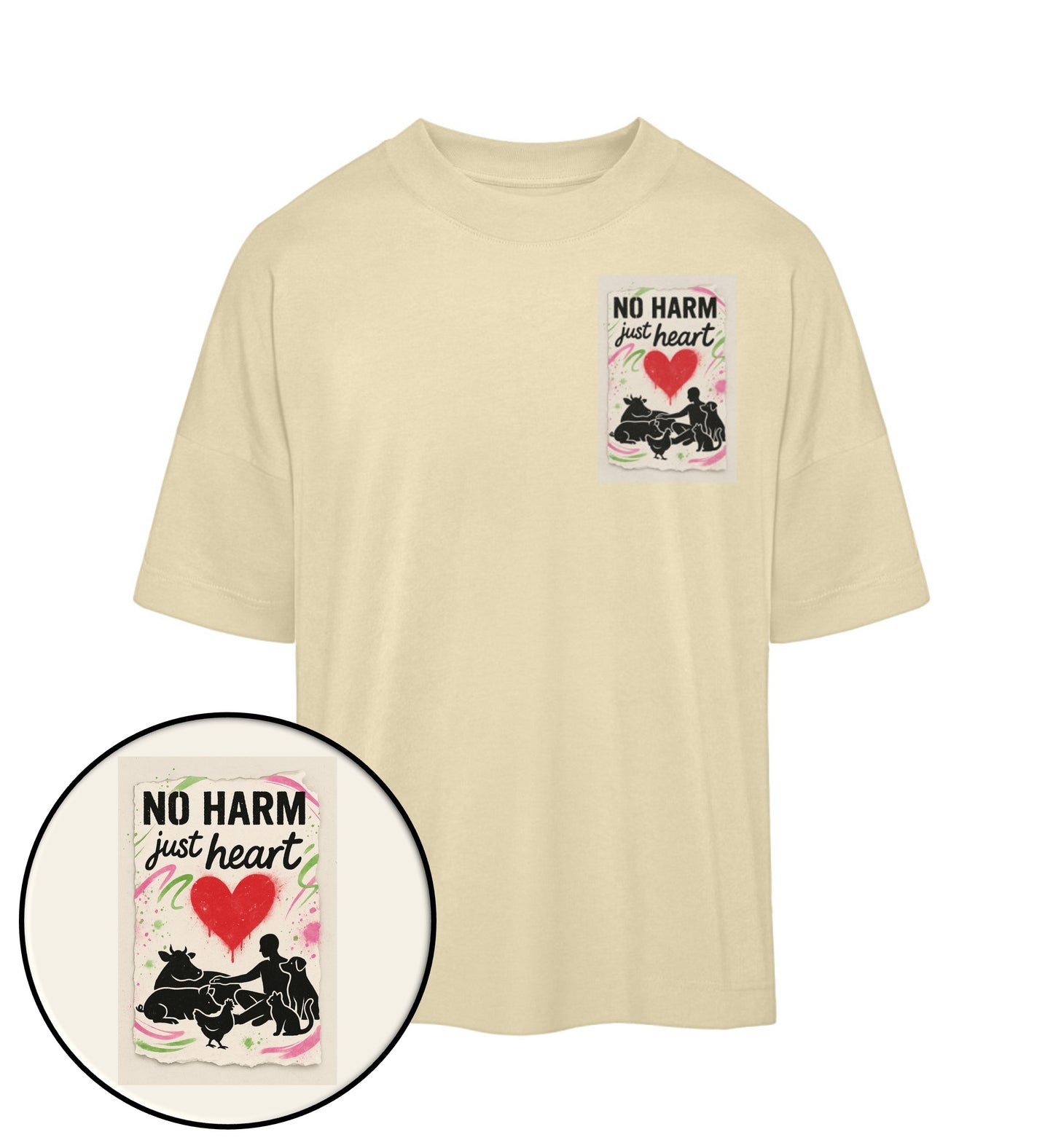 Natural Raw Oversized T-Shirt – No harm, just heart - Vegayn
