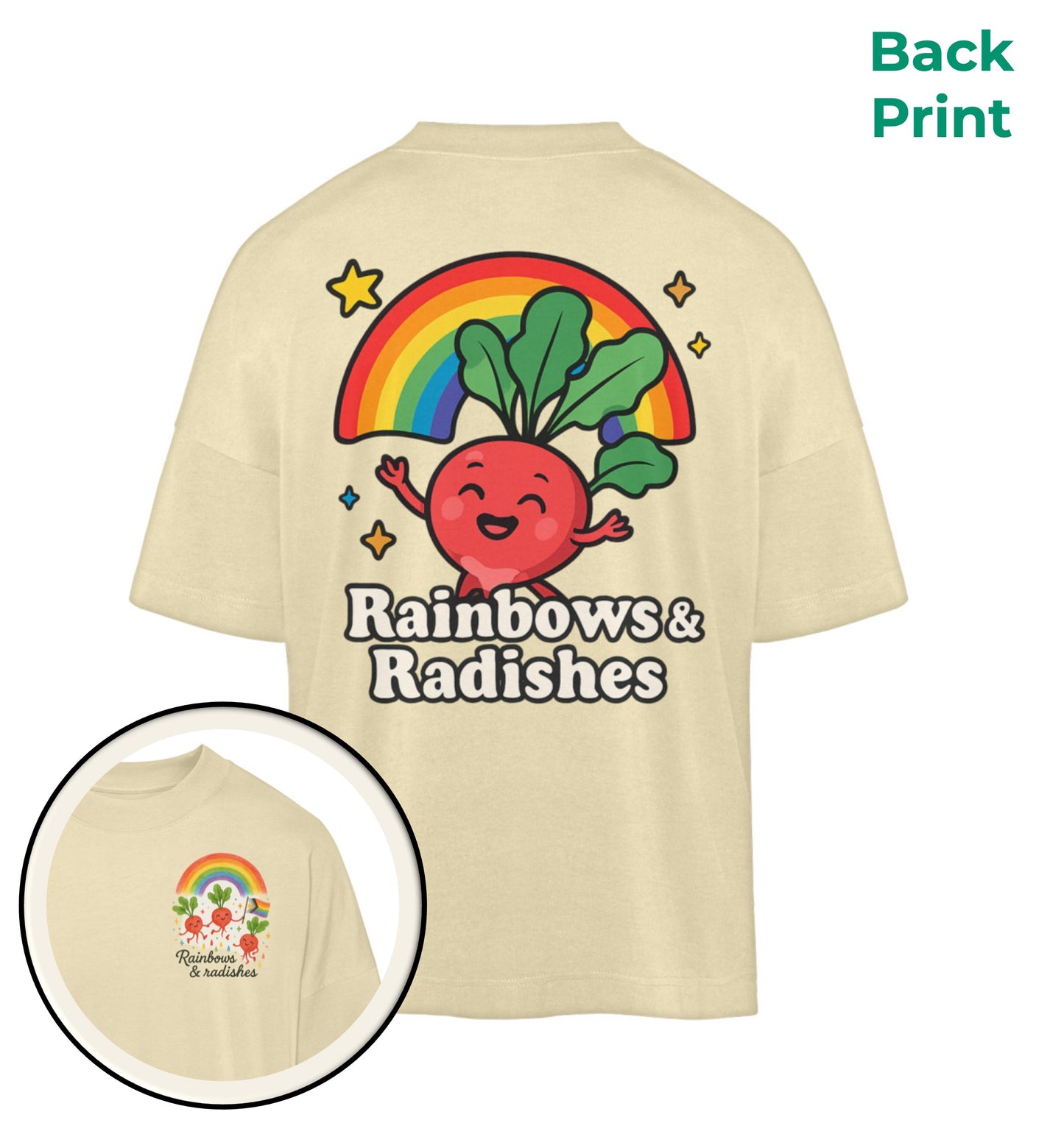 Natural Raw Oversized T-Shirt – Rainbows & Radishes - Vegayn