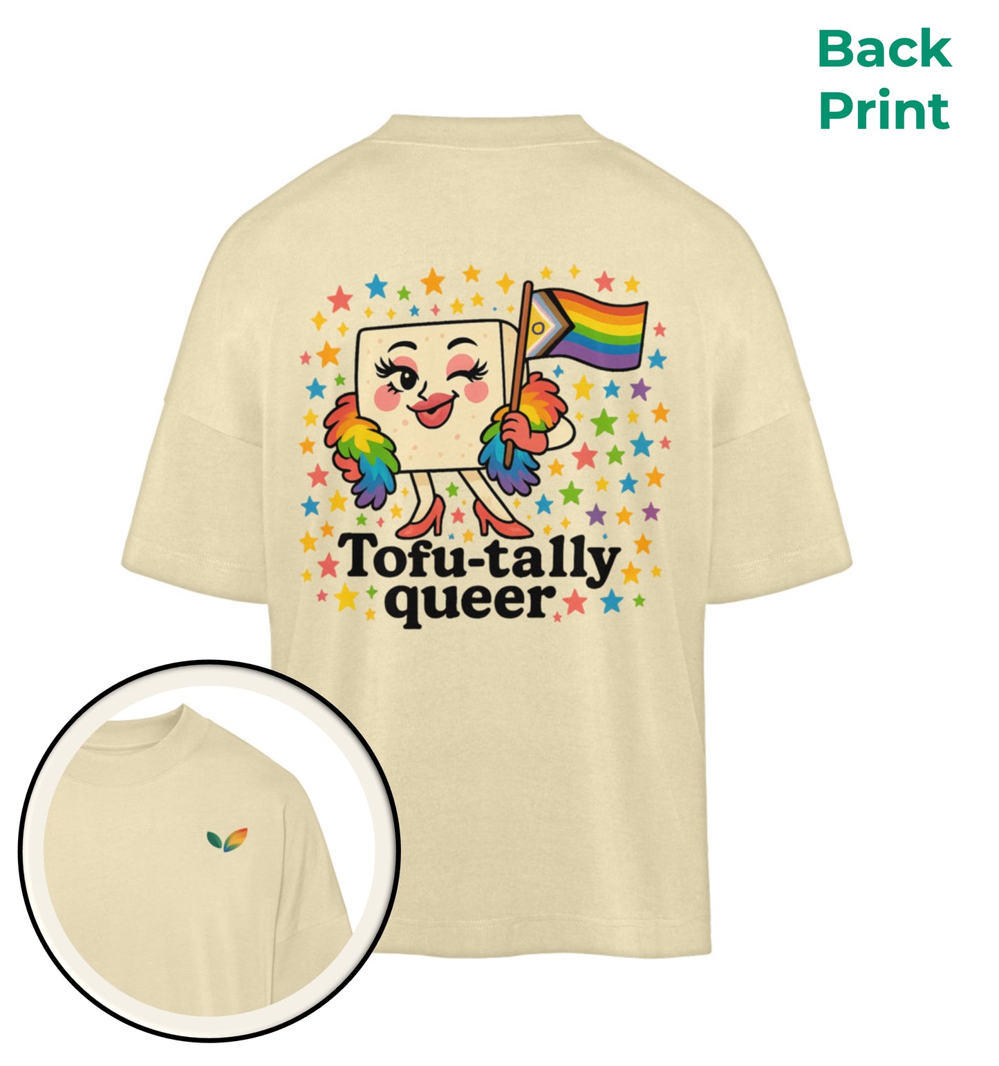 Natural Raw Oversized T-Shirt – Tofu-tally queer with boa - Vegayn